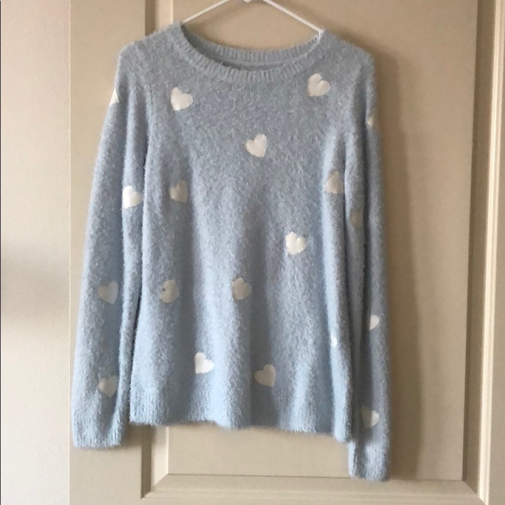 EUC LC Lauren Conrad sweater heart print teal blue